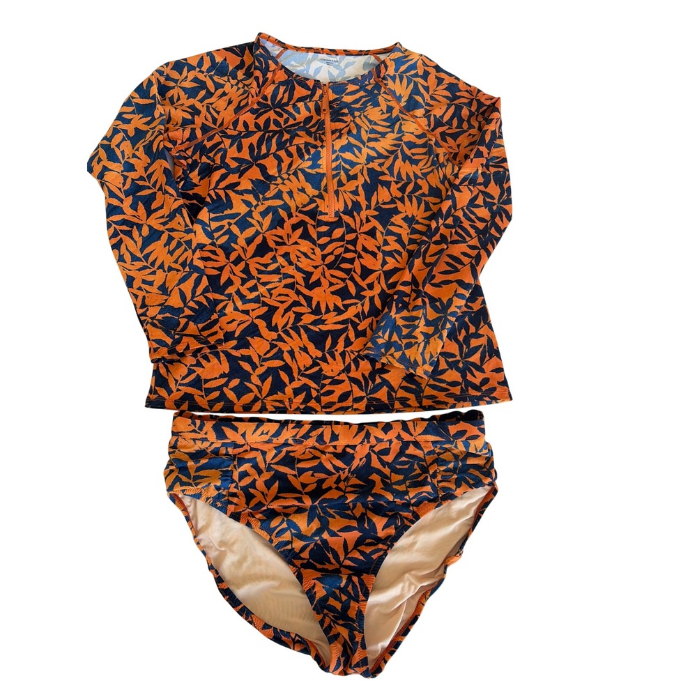 Garnet Hill Womens Orange Navy Leaf Rash Guard (L) Bottoms sz 14 Modest swimwear - Picture 2 of 7